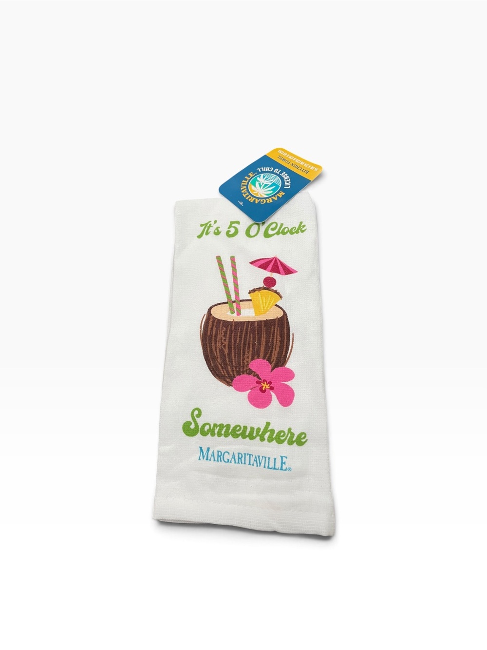 Margaritaville White Towel with Brown Coconut, Pink Flower & Green Text